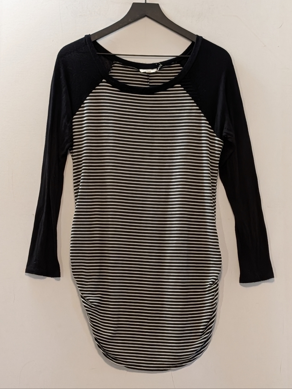Sweet Pea USA Maternity Dress Med Striped Black Sleeve Ruched Knit Pregnancy